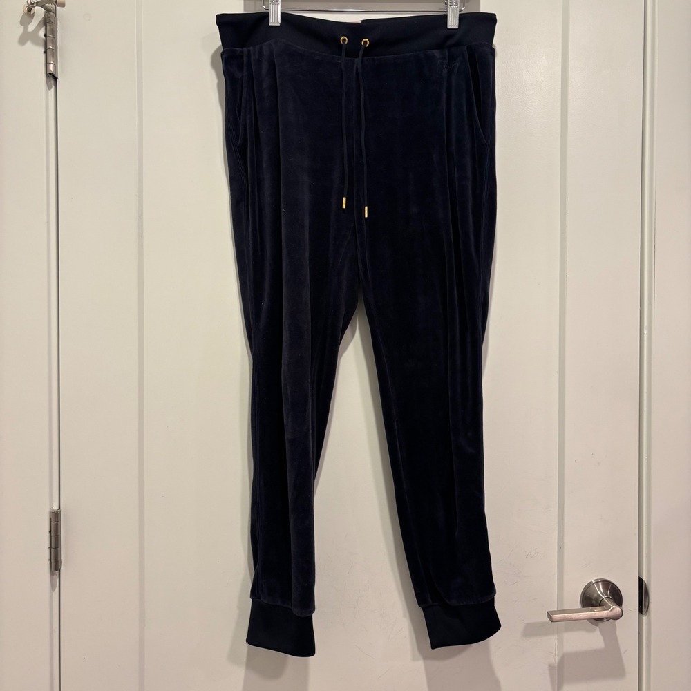 Juicy Couture Navy Blue Velour Joggers Tapered Track Pants Women Large Gold Trim